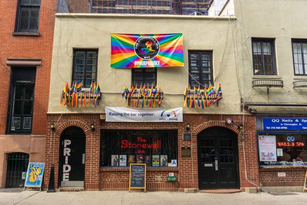 LGBTQ New Year's Resolution: New York, USA. The Stonewall Inn gay bar in the Greenwich Village. Site of the Stonewall riots of 1969, an event celebrated by Gay Pride