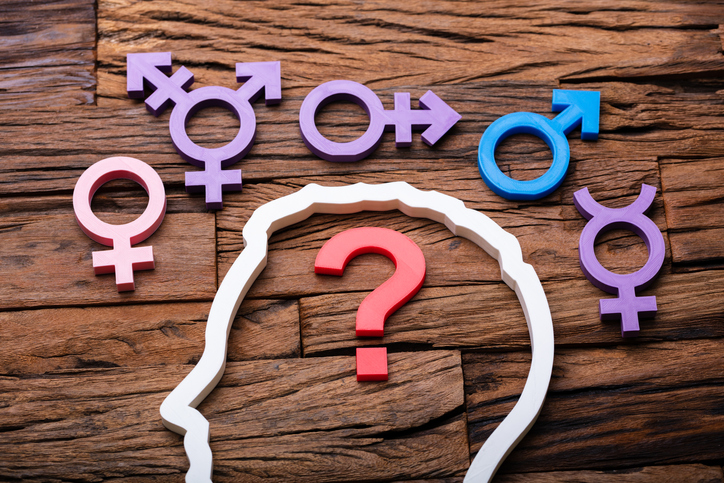 A plastic outline of a head filled with a question mark and surrounded by different gender signs.